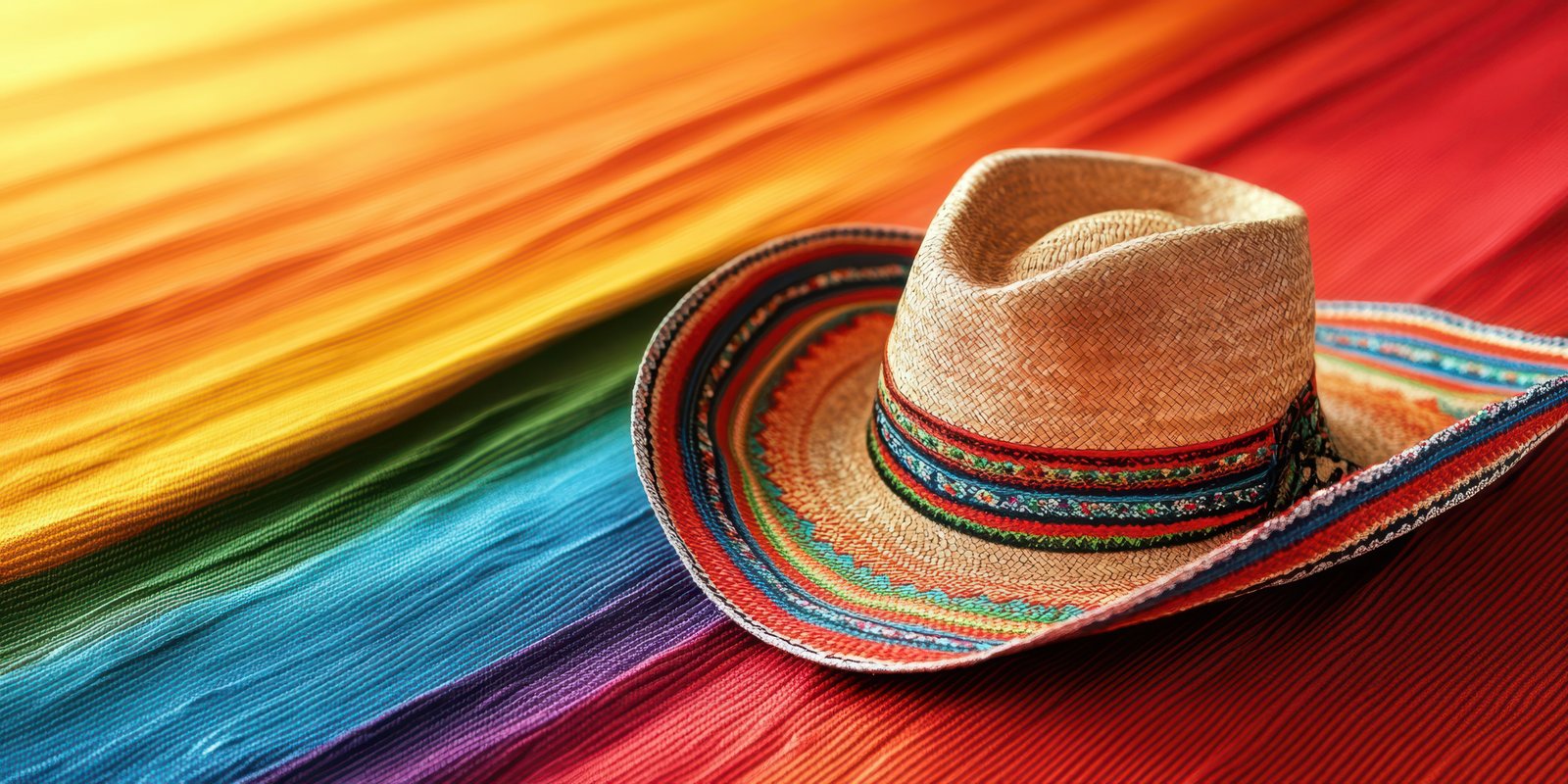 Traditional straw hat resting on vibrant woven textiles during a cultural celebration in Mexico